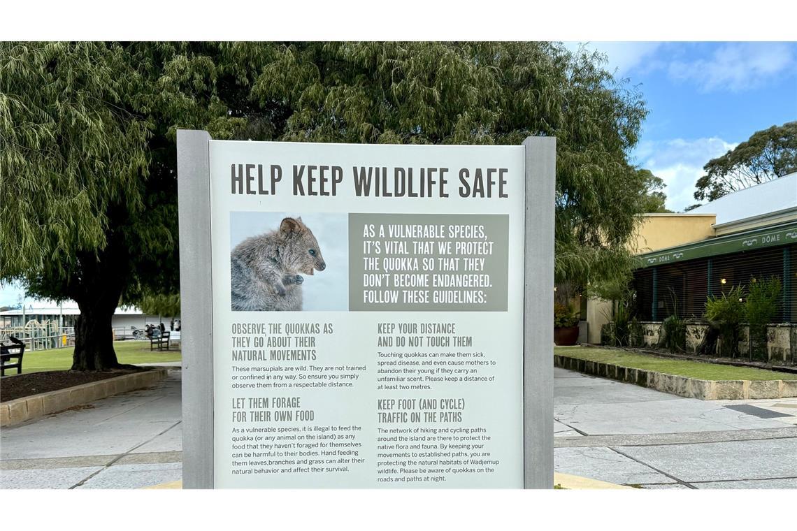 Australiens Selfie-Stars: Zu Gast bei den lächelnden Quokkas Schilder erläutern den richtigen Umgang mit den Beuteltieren.