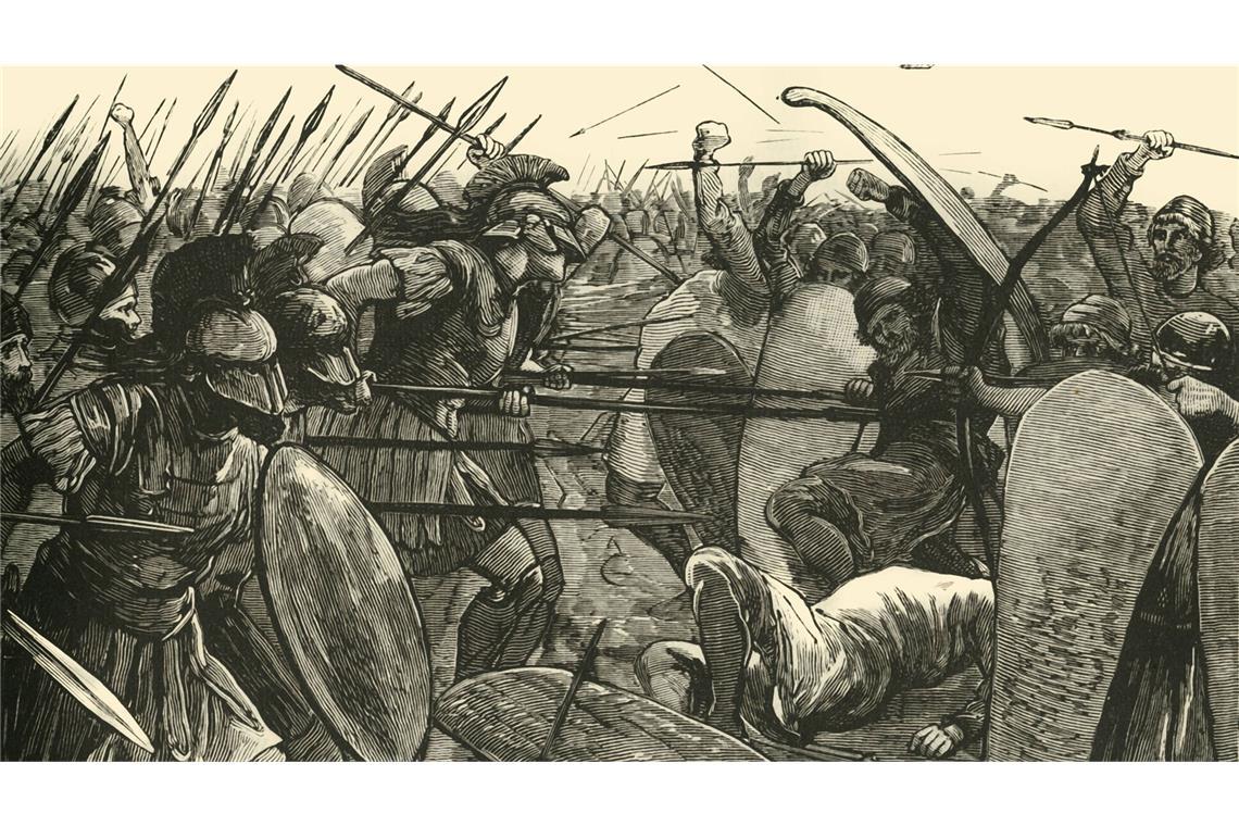 Schlacht bei Plataiai, 479 v. Chr.: Die grichische Phalanx siegt gegen die zahlreicheren, aber lecihter bewaffneten Perser.