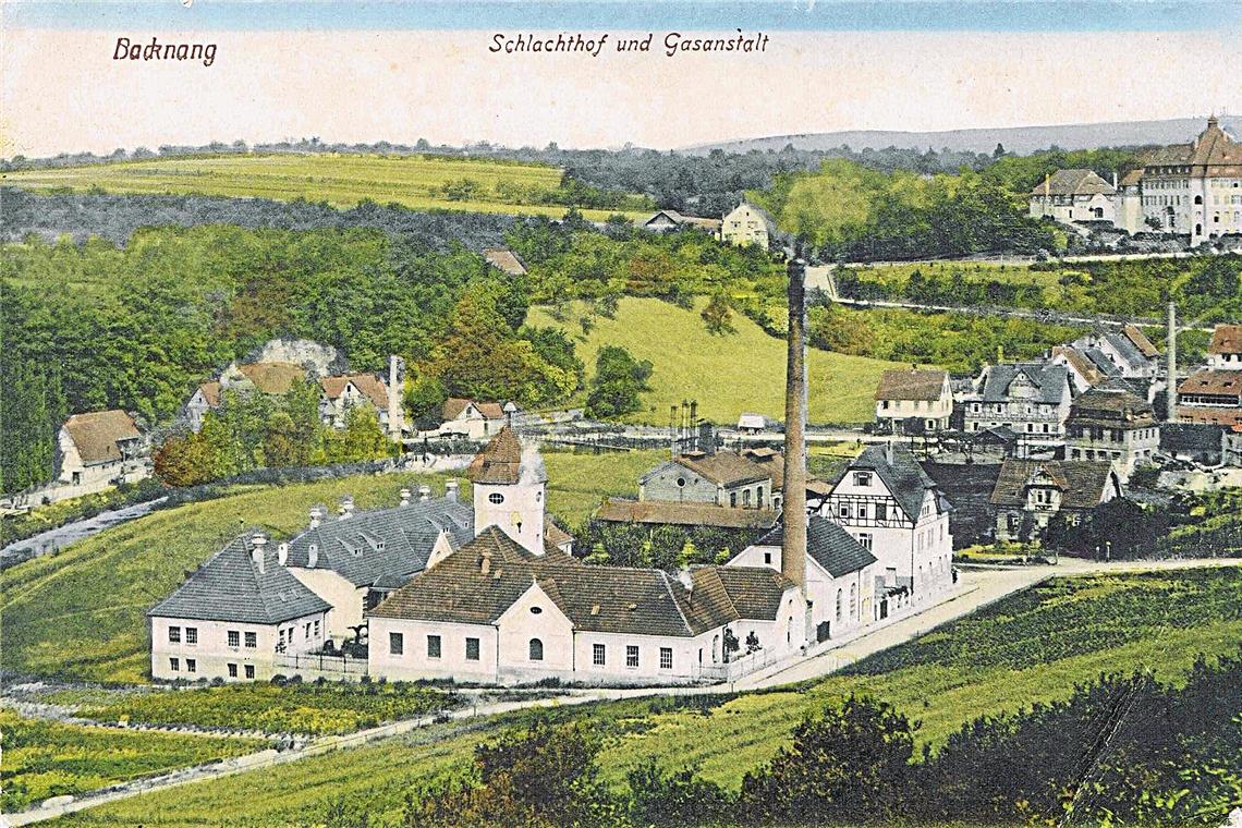 Schlachthof in den Etzwiesen in den 1910er-Jahren. Dahinter das Gaswerk mit einem Gaskessel. Repros: P. Wolf