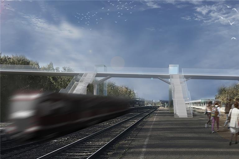Schlicht, aber trotzdem teuer: Die neue Stadtbrücke am Bahnhof soll Ende 2023 in Betrieb gehen. Visualisierung: Schlaich Bergermann und Partner 
