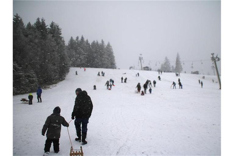 Schlittenfahrer sind auf dem Kahlen Asten im Sauerland unterwegs. Foto: Cevin Dettlaff/dpa