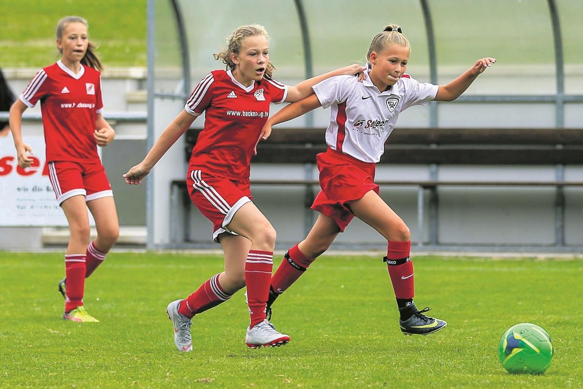 Dribbeln, grätschen, jubeln Schlugen sich bei ihrer Mini-Cup-Premiere schon sehr achtbar: Die D-Juniorinnen des SV Allmersbach (weiße Trikots, im Duell mit der TSG). Foto: A. Becher