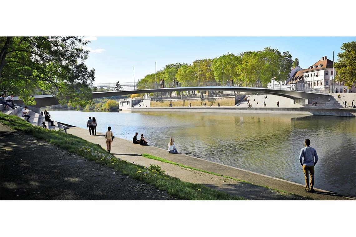 Pläne für neue Wilhelmsbrücke stehen Schmal und elegant, mit Sitzstufen an beiden Neckarufern – so soll die neue Wilhelmsbrücke im Jahr 2029 einmal aussehen.