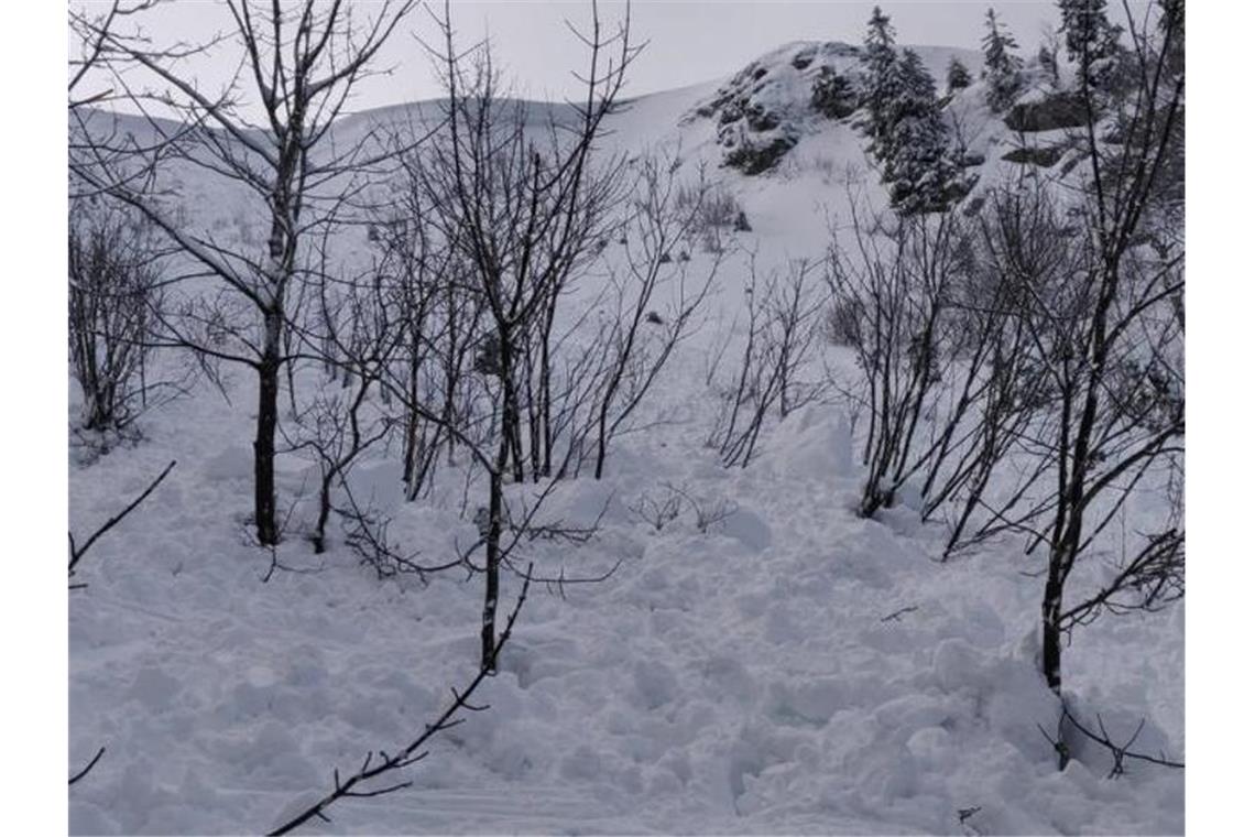 Schnee liegt in einem Lawinenfeld auf dem Feldberg. Foto: Michael Corona/Bergwacht Schwarzwald/dpa