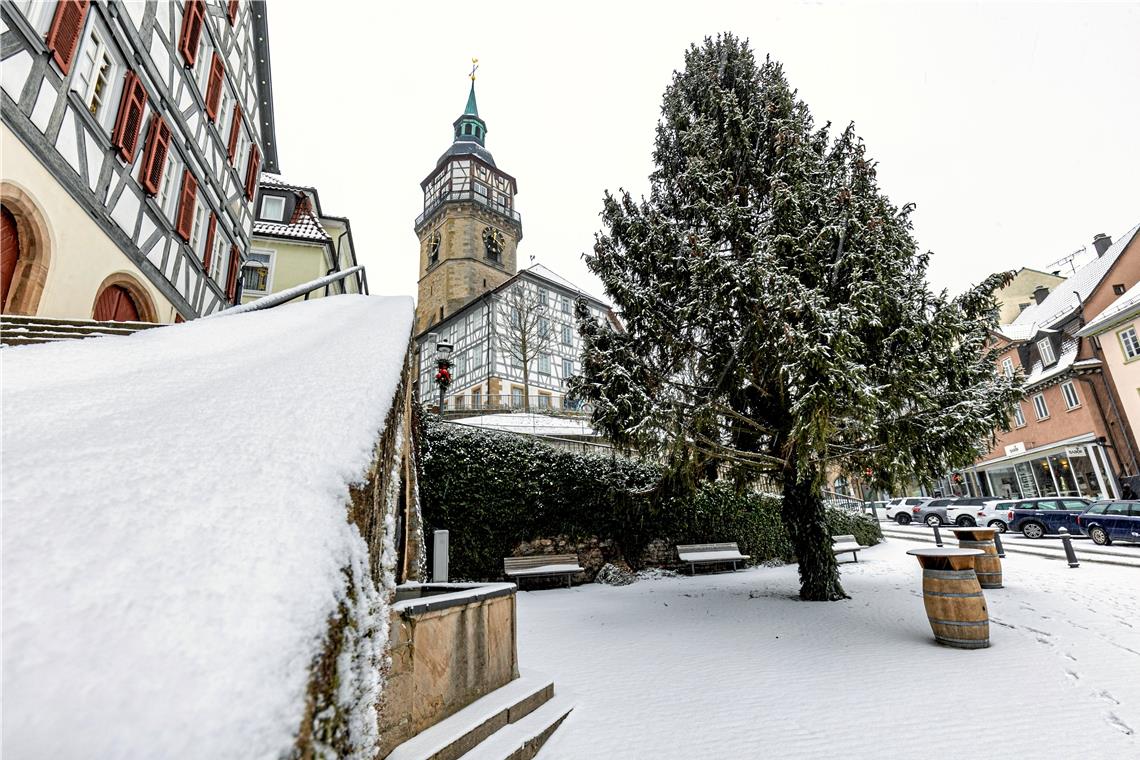 Schneebedeckter Marktbrunnen: Erste Schneeflocken fallen in Backnang am 14. Dezember, in Großerlach am Tag darauf. Foto: Alexander Becher 