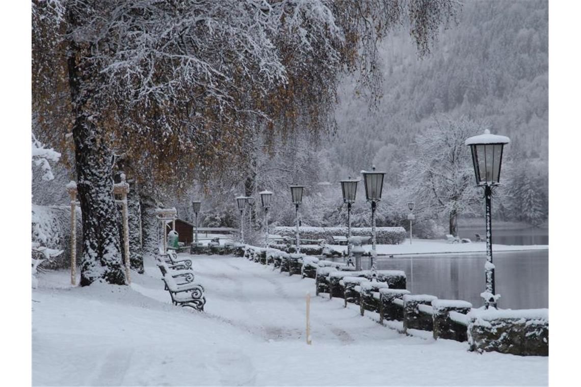 Glatte Straßen, weiße Pisten - Der Winter ist da Schneefall in der Nacht und am Morgen sorgt am Schliersee für winterliche Stimmung. Foto: Michael Hutter/dpa