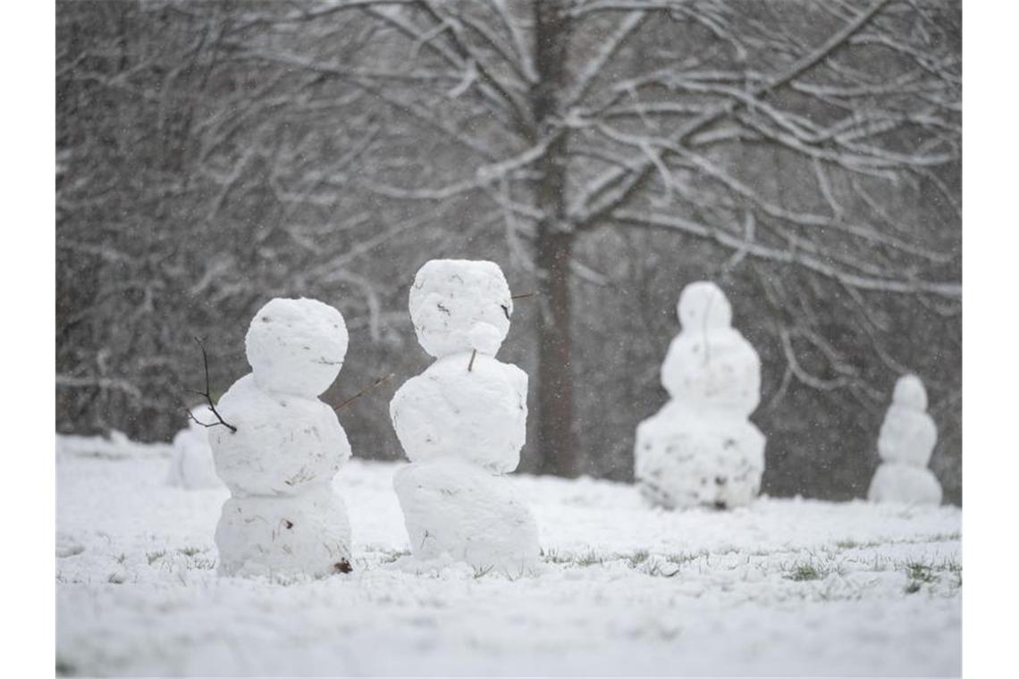 Schneefiguren stehen auf einem Wiesenstück. Foto: Marijan Murat/dpa