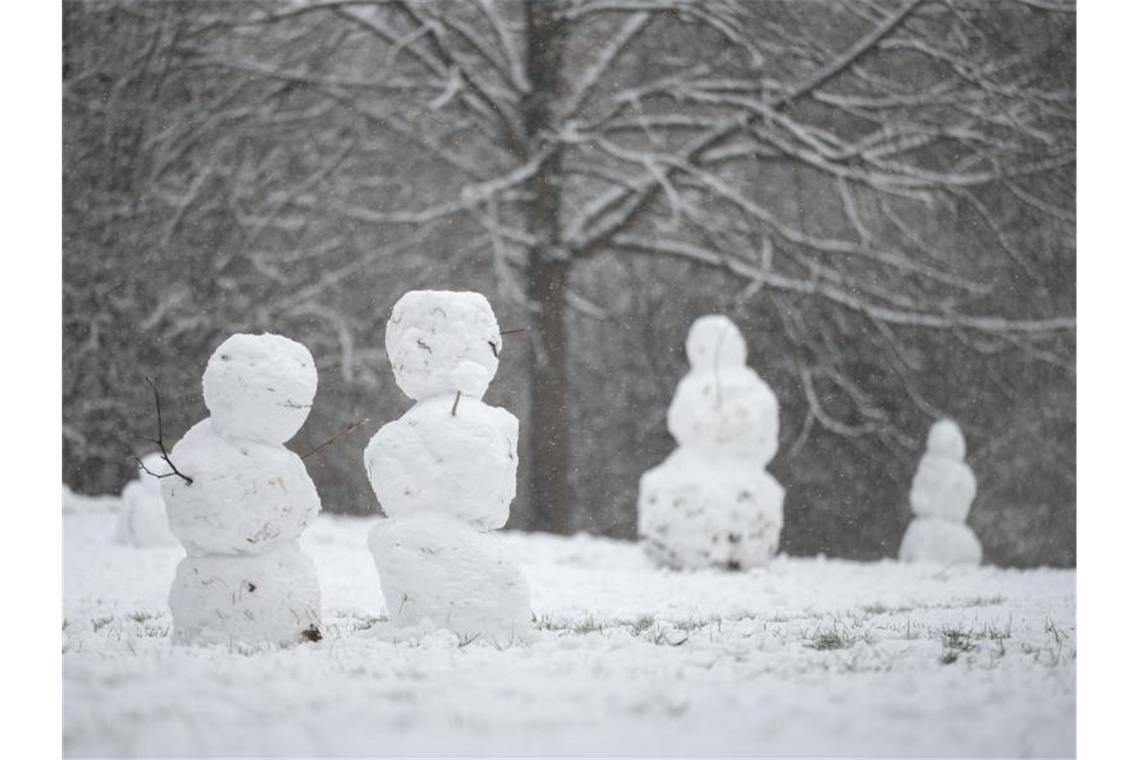 Schneefiguren stehen auf einem Wiesenstück. Foto: Marijan Murat/dpa