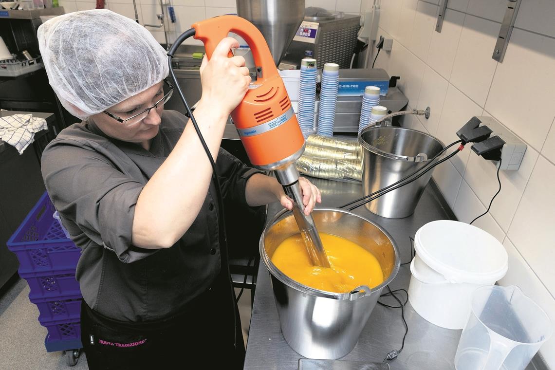 Vanille und Schokolade gehen immer Schritt 1: Fruchtpüree, Zucker und Verdickungsmittel werden vermischt. Anna Sommer benutzt dazu einen großen Stabmixer. Fotos: J. Fiedler