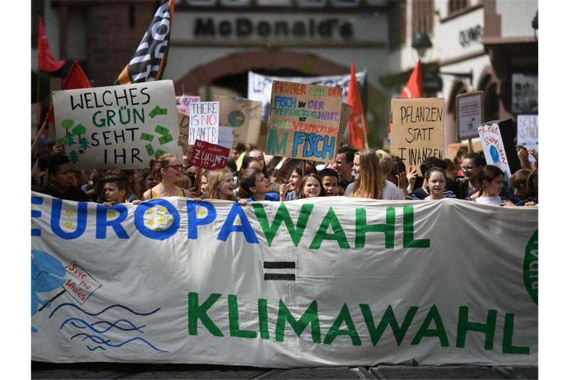 Schülerinnen und Schüler demonstrieren mit Protestplakaten während des Fridays for Future - Klimastreiks. Foto: Patrick Seeger