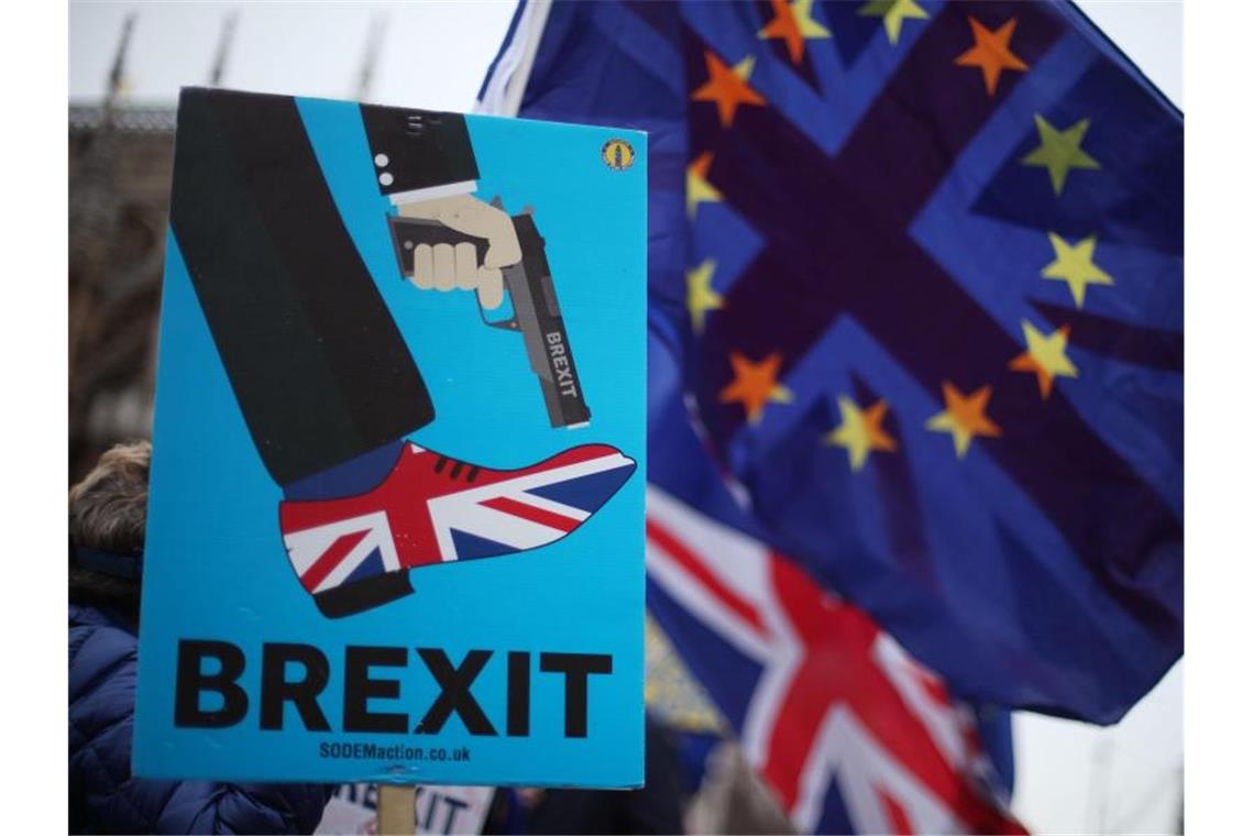 Schuss ins eigene Bein: Brexit-Gegner zeigen vor dem Parlament in Westminster, was sie vom EU-Austritt erwarten. Foto: Yui Mok/PA Wire