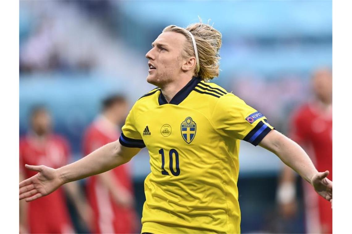 Schwedens Emil Forsberg bejubelt sein Tor. Foto: Kirill Kudryavtsev/AFP Pool/AP/dpa