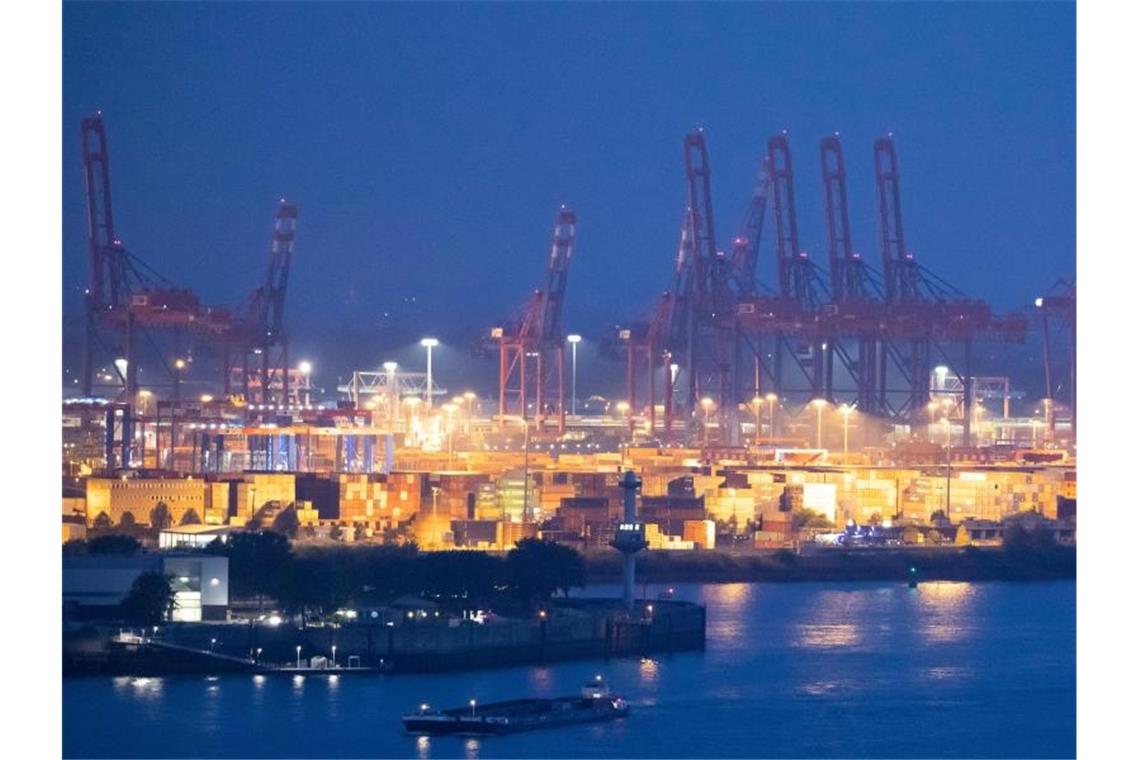 Schwere Zeiten für den Hamburger Hafen: Blick über die Elbe auf die Containerbrücken verschiedener Terminals. Foto: Christian Charisius/dpa