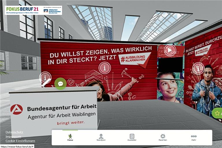 Screenshot von der virtuellen Messehalle. Foto: Arbeitsagentur 