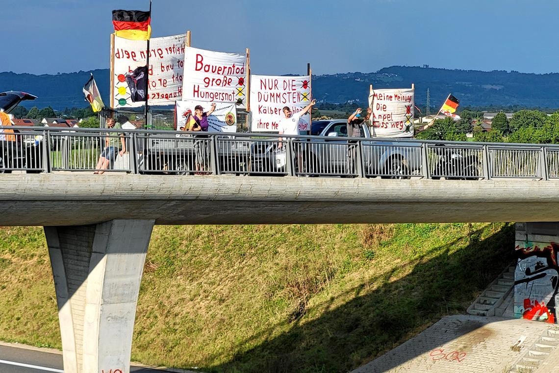 Wöchentliches Protestieren auf der B-14-Brücke Seit April protestieren sie dienstags auf der Brücke zwischen Waldrems und Nellmersbach. Mal gibt es zustimmendes Hupen, mal zeigen Autofahrer den Mittelfinger. Foto: K. Doberer