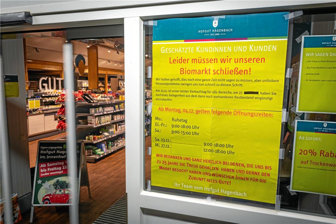 Bioladen im Hofgut Hagenbach schließt Seit dieser Woche werden die Kunden über die anstehende Schließung informiert.