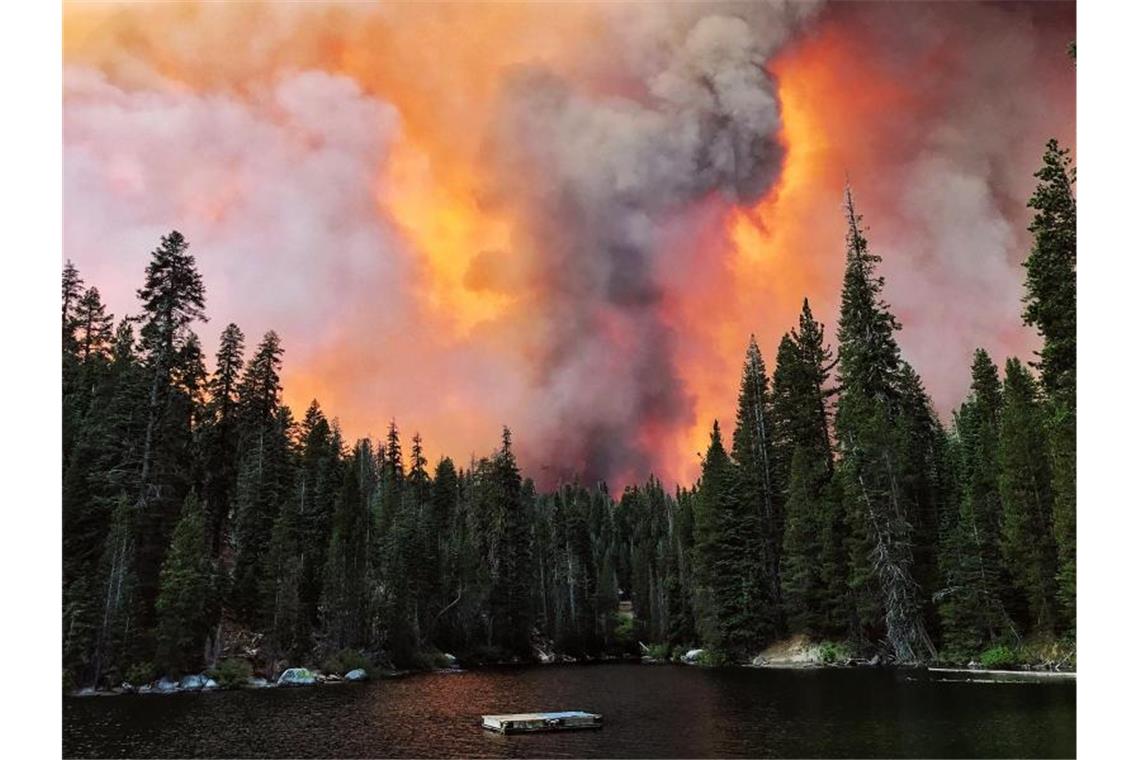 Mehr als 200 Camper in Kalifornien aus Feuerzone gerettet Seit drei Wochen brennen zahlreiche Wälder in Kalifornien. Auch hinter dem Huntington Lake steigt Rauch auf. Foto: Eric Paul Zamora/The Fresno Bee/AP/dpa
