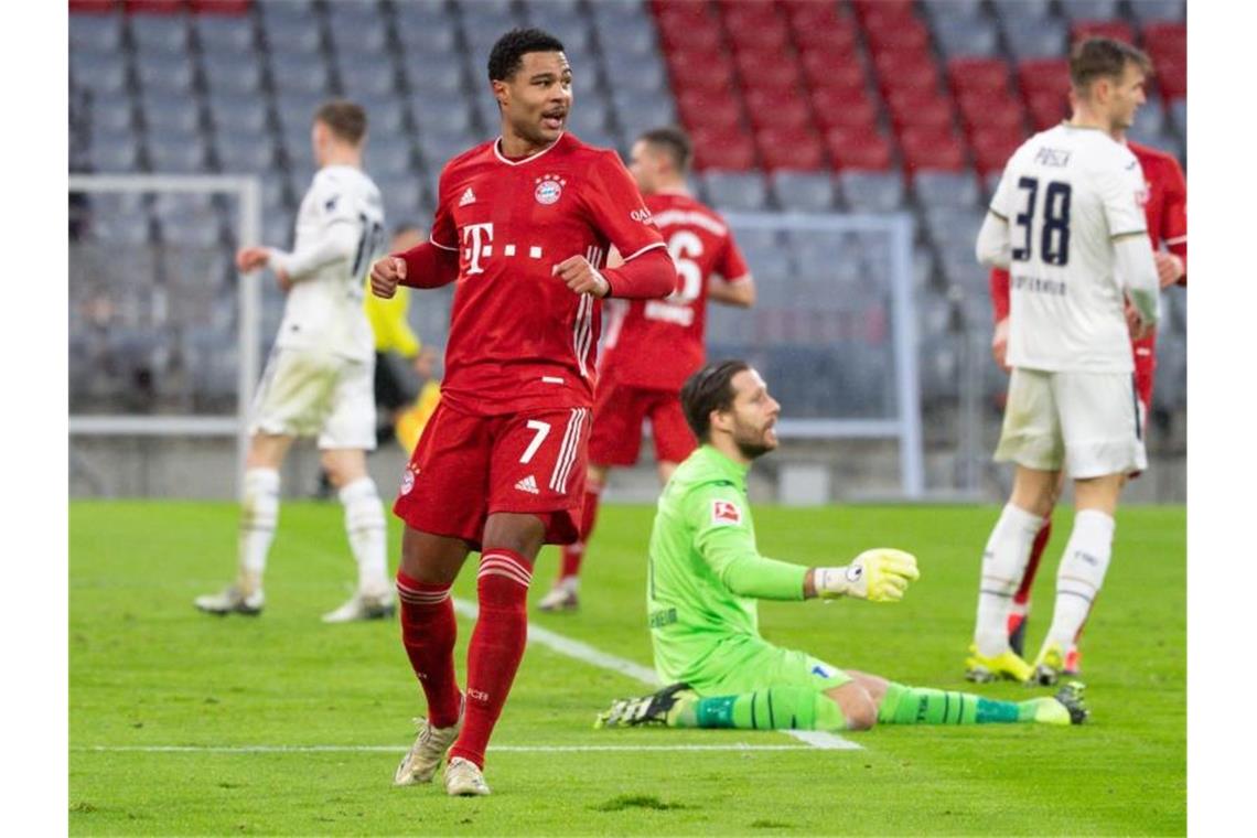 4:1 für „seriöse“ Bayern: Müller und Boateng treffen Serge Gnabry von München jubelt über das Tor zum 4:1. Foto: Sven Hoppe/dpa-pool/dpa