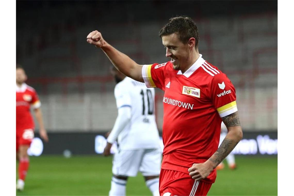 Sicherer Elfmeterschütze: Unions Max Kruse feiert, nachdem er das Tor zum 4:0 per Elfmeter erzielt hat. Foto: Maja Hitij/Getty Images Europe/Pool/dpa