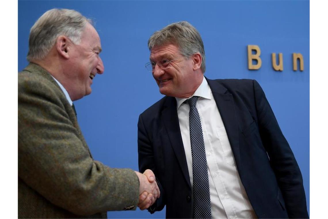 Umfrage: AfD liegt vor der SPD - Union gewinnt leicht dazu Sie können sich gratulieren: Die AfD-Vorsitzenden Alexander Gauland (l.) und Jörg Meuthen erleben ihre Partei in Umfragen im Höhenflug. Foto: Britta Pedersen/dpa-Zentralbild/dpa