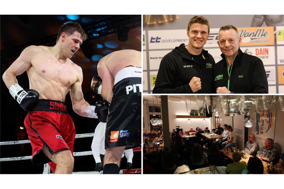 Talk mit Simon Zachenhuber und Conny Mittermeier – den Boxer hautnah erleben Simon Zachenhuber in Aktion (li.) und mit seinem Trainer Conny Mittermeier (o. re.) – gemeinsam ist das Duo am 23. Juni im Café Gottlieb in Stuttgart-Bad Cannstatt zu Gast.