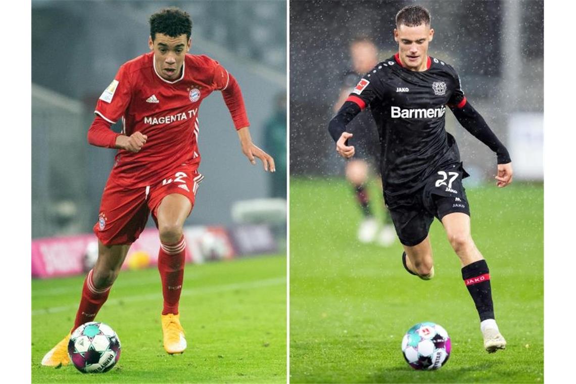 Sind erstmals beim A-Team von Bundestrainer Joachim Löw dabei: Bayern- Profi Jamal Musiala (l) und Leverkusens Florian Wirtz. Foto: Matthias Balk/Tom Weller/dpa