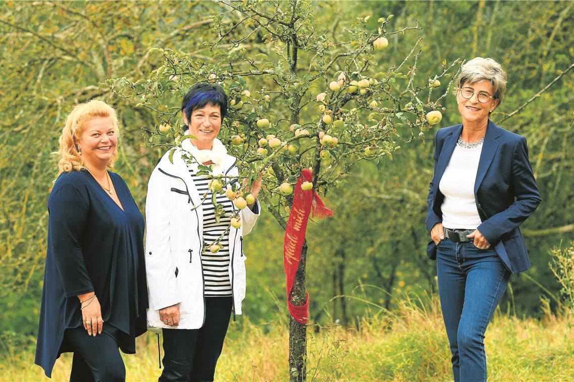 Sind von der Aktion „Pflück mich“ begeistert: Charlotte Klinghoffer, Sabine Rüger und Gudrun Senta Wilhelm (von links). Foto: A. Becher
