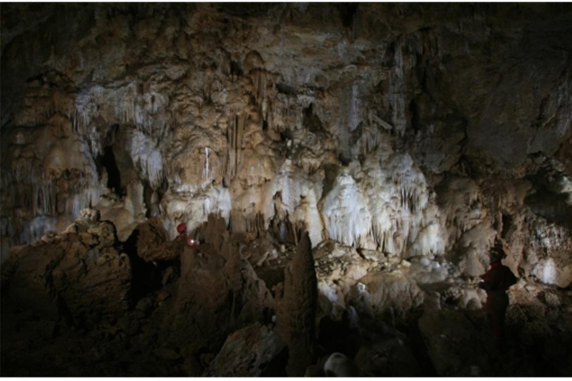 Sinterkaskaden aus glitzernden Kalkablagerungen  im Drachenfelsgang.
