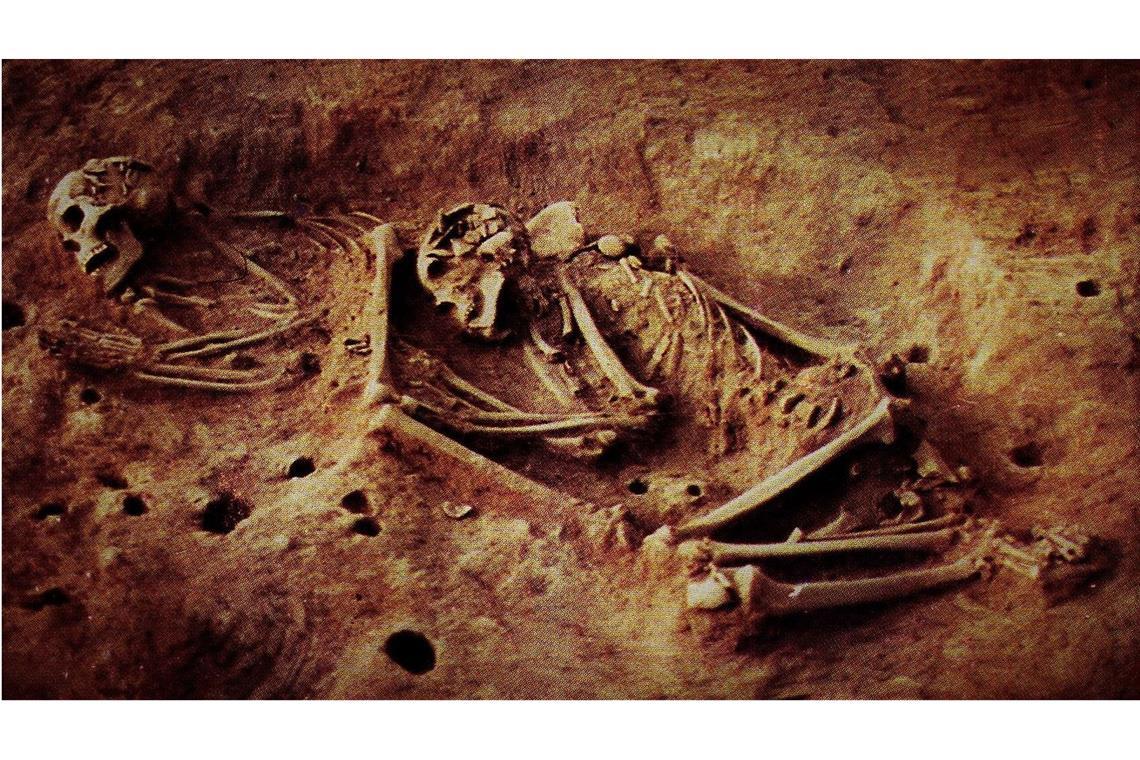 Skelette zweier Jäger- und Sammlerindividuen, die in der archäologischen Stätte von Checua (Bogotá Altiplano) ausgegraben wurden.