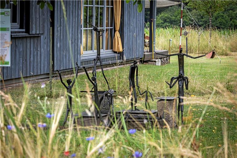 Skulpturen aus Altmetall prägen den Garten rund um das „Atelier am Limes“ in Morbach. Viele Werke entstanden aus ausrangierten Werkzeugen und Schrott.Fotos: Alexander Becher