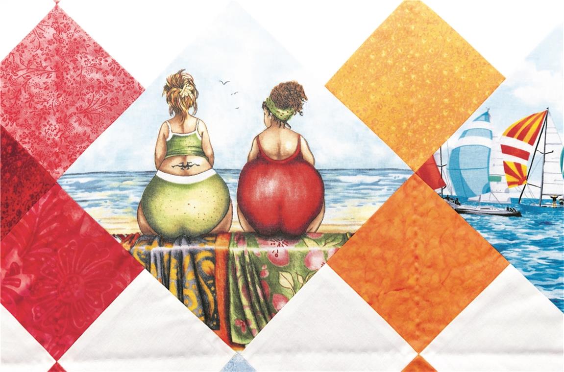 Spiel mit Motivstoffen und Hölzern So fröhlich können Quilts daherkommen: Eine Arbeit von Barbara Stäbler, bei der zwei Stranddamen im Mittelpunkt stehen. Fotos: J. Fiedler