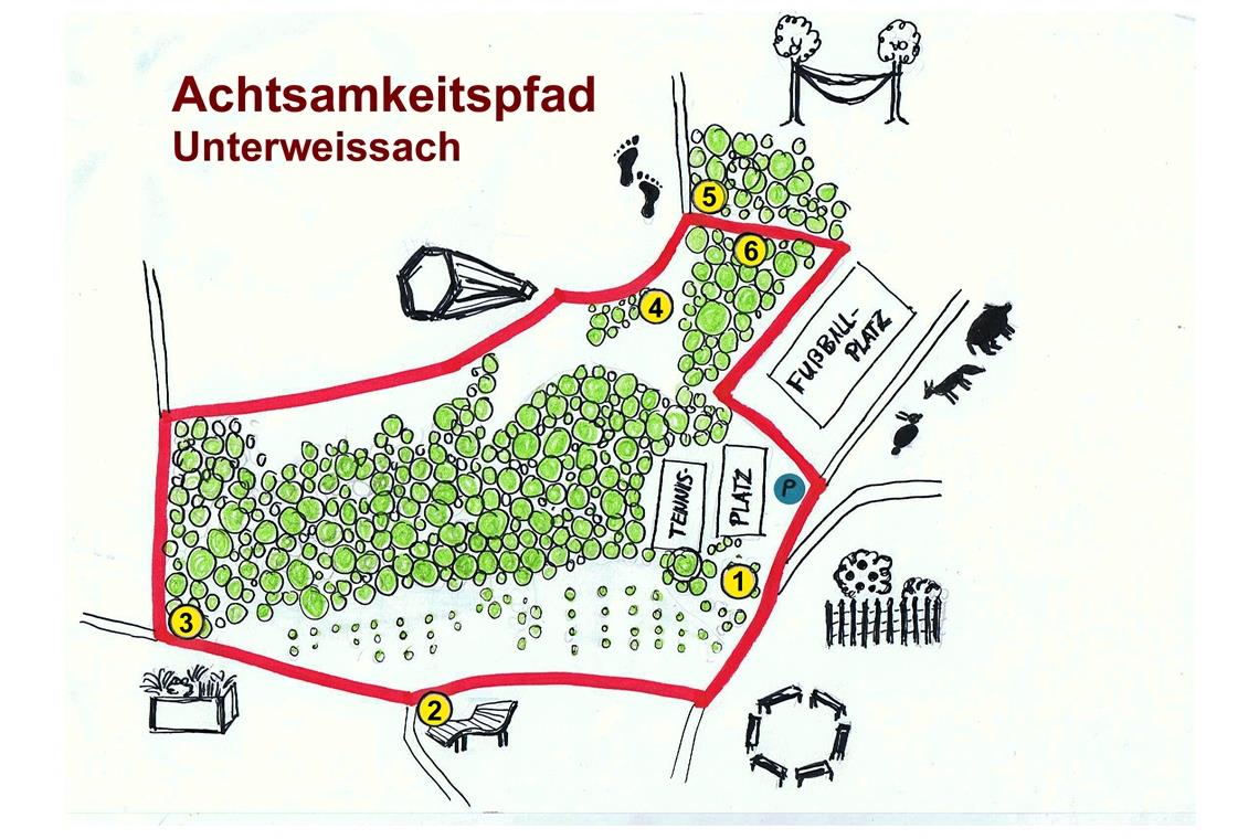 Mit allen Sinnen durch die Natur So ist der Achtsamkeitspfad angedacht: Start und Ziel ist der Parkplatz neben dem Tennisplatz an der Jägerhalde. Unterwegs laden acht Stationen zum Verweilen ein. Foto: Montessori-Verein