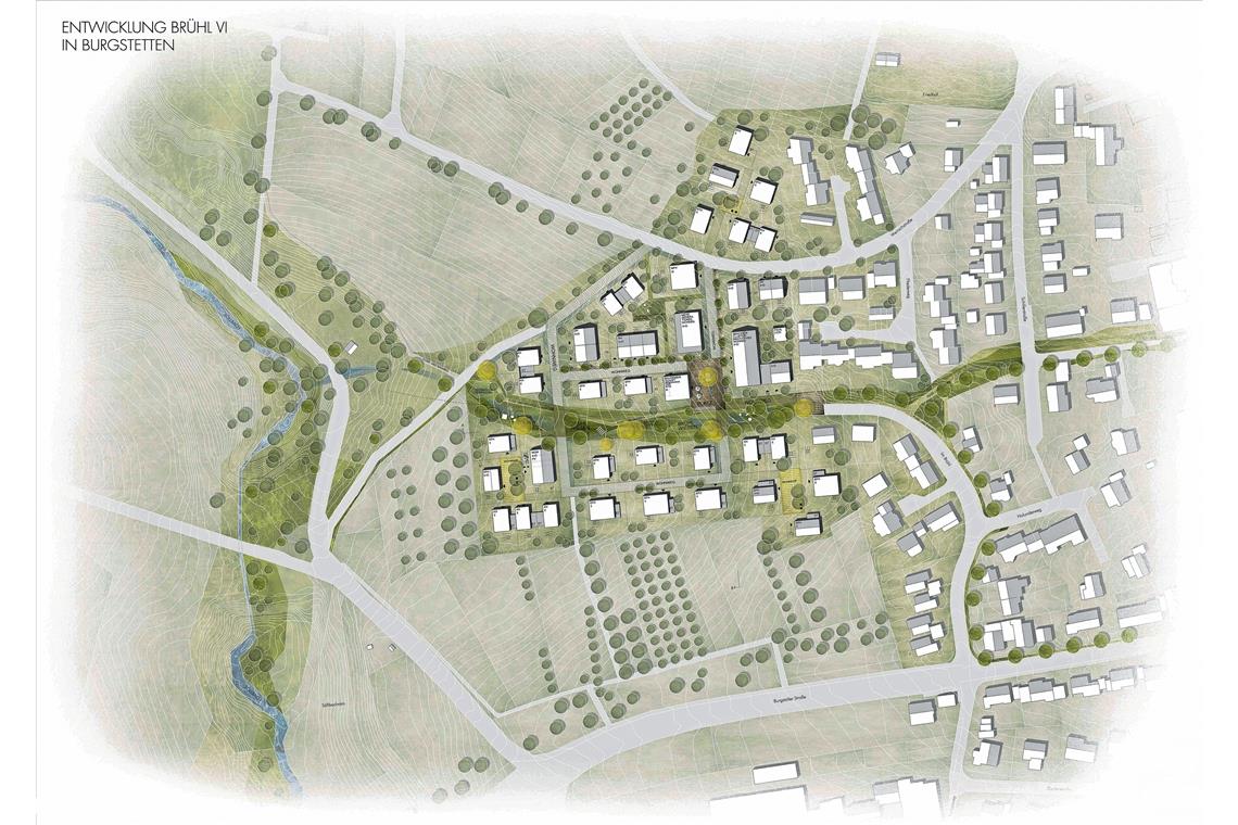 Der Siegerentwurf steht fest So könnte das Baugebiet Brühl VI in Erbstetten aussehen: Beim Siegerentwurf zieht sich ein breiter Grünstreifen mittig durchs Quartier. Plan: Gemeinde