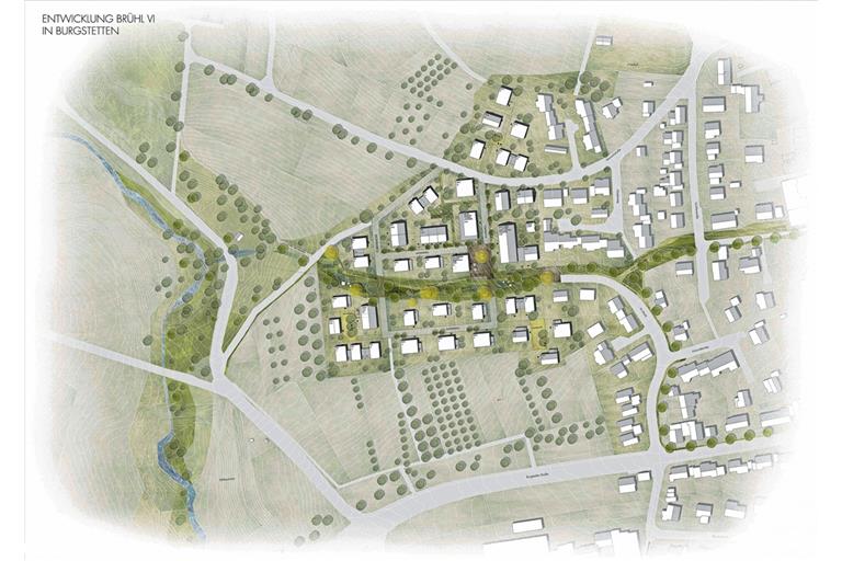 So könnte das Baugebiet Brühl VI in Erbstetten aussehen: Beim Siegerentwurf zieht sich ein breiter Grünstreifen mittig durchs Quartier. Plan: Gemeinde