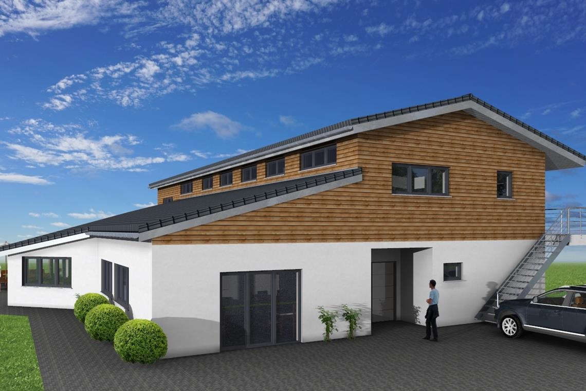 Unterstützung bei Vereinsheimsanierung So könnte das Vereinsheim nach der Generalsanierung und dem Ausbau des Obergeschosses mit neuen Kabinen aussehen. Grafik: Rikker Holzbau