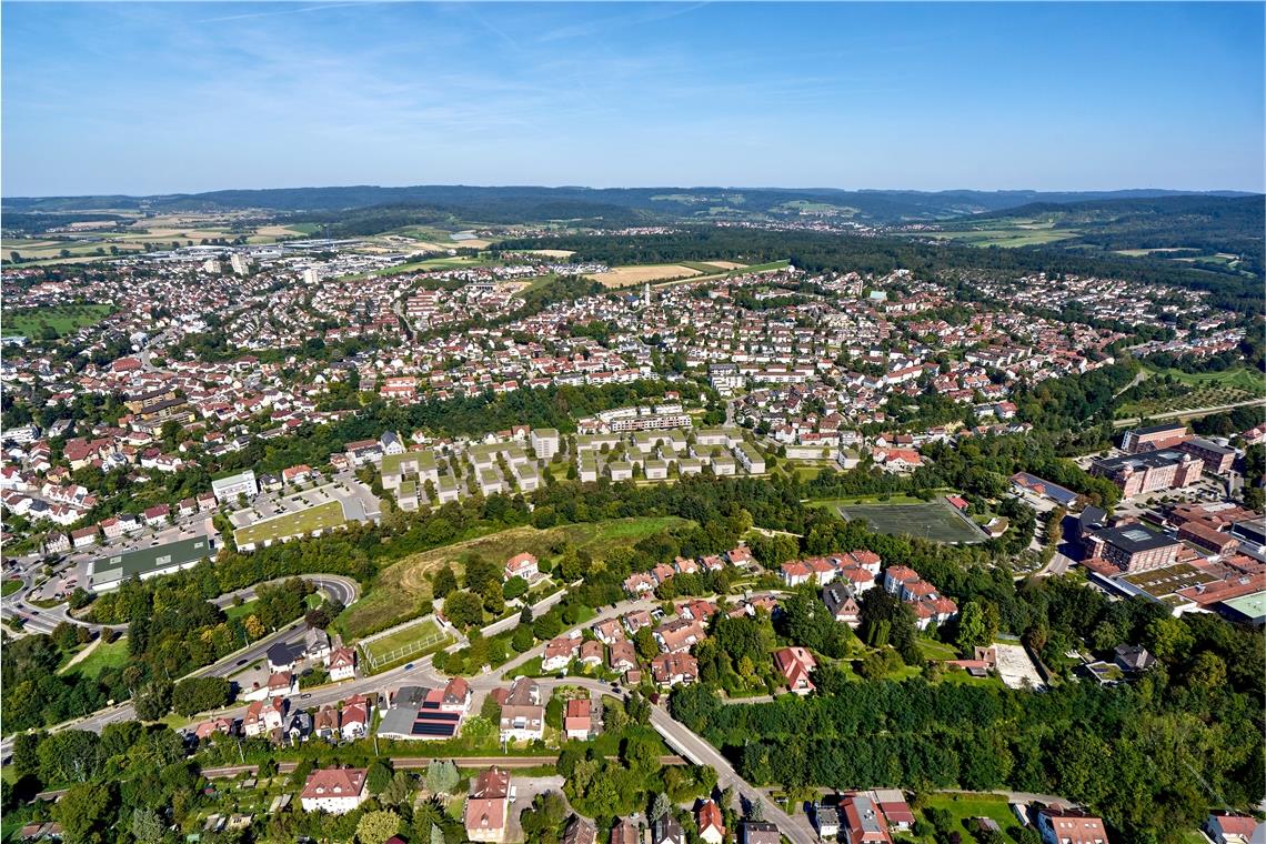 So könnte der Blick über Backnang in ein paar Jahren aussehen: Auf dem ehemaligen Industriegelände sollen dann 23 neue Gebäude entstanden sein. Visualisierung: Dibag Industriebau AG