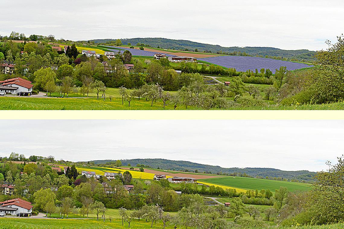 Grundsatzdiskussion um Weissacher Solarpark So könnte der Solarpark in den Hutzelgärten einmal aussehen. Montage: Juwi AG