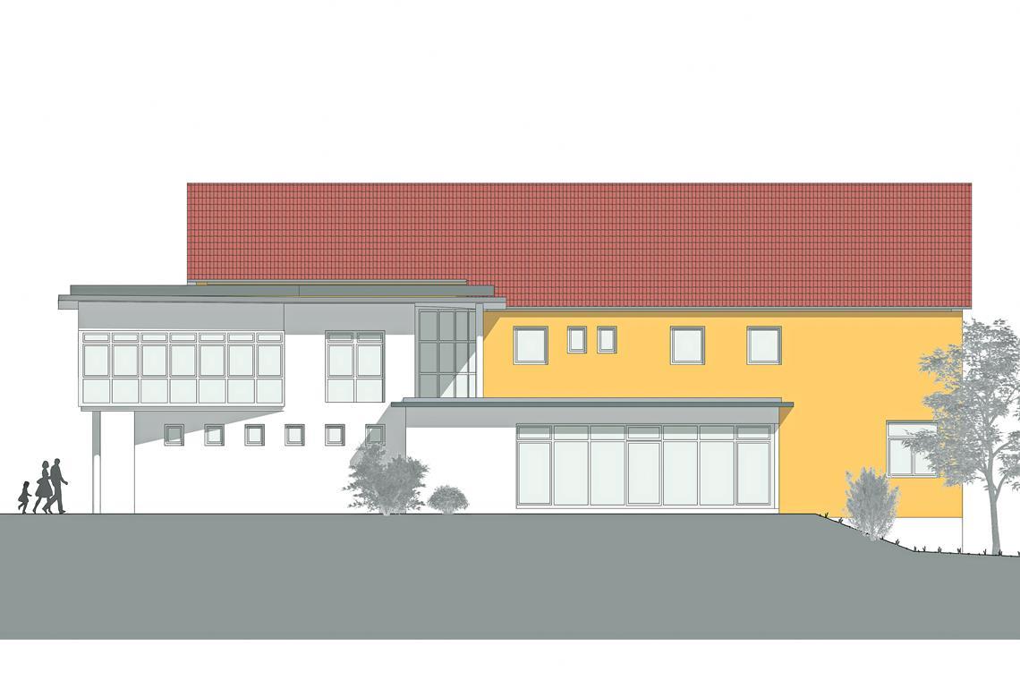 •So könnte die Nordansicht der Grundschule Erbstetten nach dem Umbau aussehen. Visualisierungen: Architekt Beutelspacher und Partner