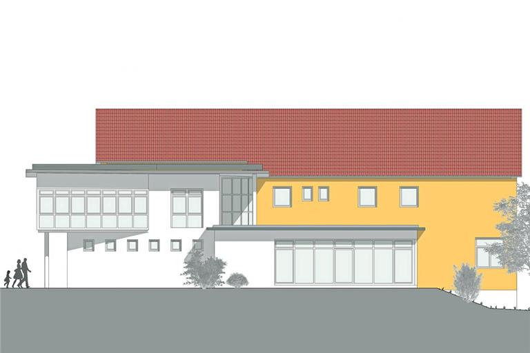 So könnte die Nordansicht der Grundschule Erbstetten nach dem Umbau aussehen. Visualisierungen: Architekt Beutelspacher und Partner