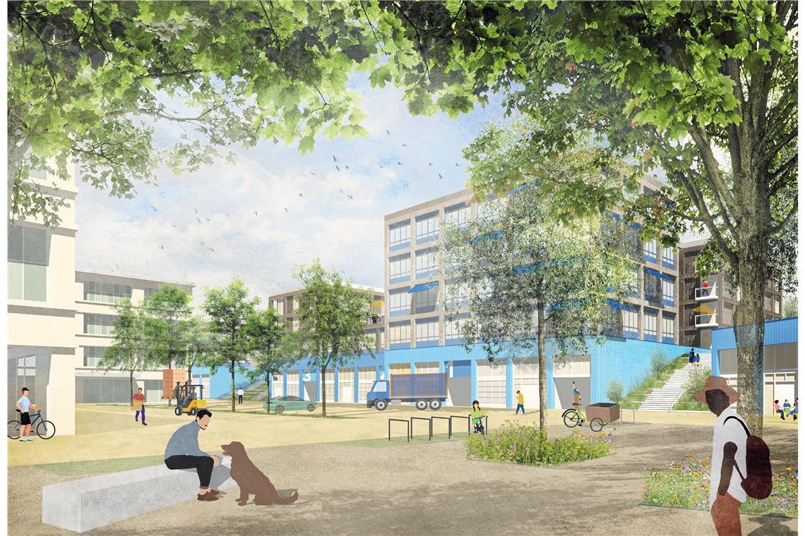 IBA-Planung in Backnang lässt noch viel Spielraum zu So könnte ein Gewerbehof im Teilquartier Wohnfabrik aussehen. Die Herausforderung dabei ist, viel Bestand zu erhalten und so weiterzuentwickeln, dass Gewerbe, Arbeiten vor Ort und Wohnen nebeneinander funktionieren. Visualisierung: Teleinternetcafé