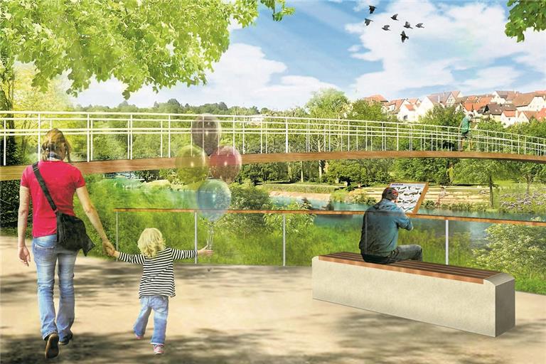 So könnte es einmal am Neckarufer bei einer gemeinsamen Gartenschau von Marbach und Benningen ausschauen. Visualisierung: Planstatt Senner