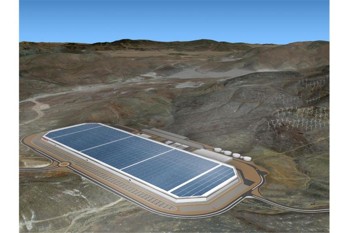 So könnte es einmal aussehen: Eine Computersimulation stellt den Endzustand der „Gigafactory“ genannten Tesla-Batteriefabrik im US-Bundesstaat Nevada dar. Foto: Tesla/dpa