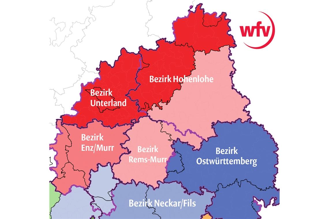 So könnten in Zukunft die Bezirksstrukturen im nördlichen Württemberg aussehen. Der Bezirk Rems-Murr (hellrot markiert) würde dann mit einem Teil aus Hohenlohe zusammen spielen. Der gesamte rote Bereich soll das Gebiet der Landesliga, Staffel eins, sein. Grafik: WFV/J. Bauer