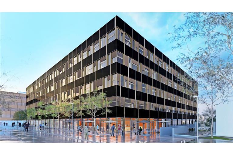 So soll  der Neubau für den Fachbereich Physik aussehen: Zentralgebäude mit Außenbereich der Cafeteria.