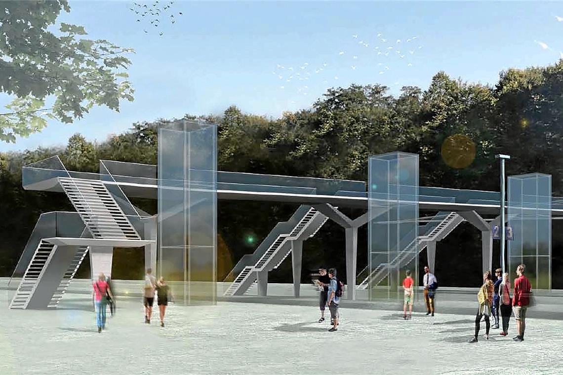 Baustart für die Stadtbrücke am Backnanger Bahnhof So soll der neue Fußgängersteg einmal aussehen. Wann die Aufzüge zu den Bahnsteigen gebaut werden, ist allerdings noch unklar. Visualisierung: Büro Schlaich, Bergermann und Partner