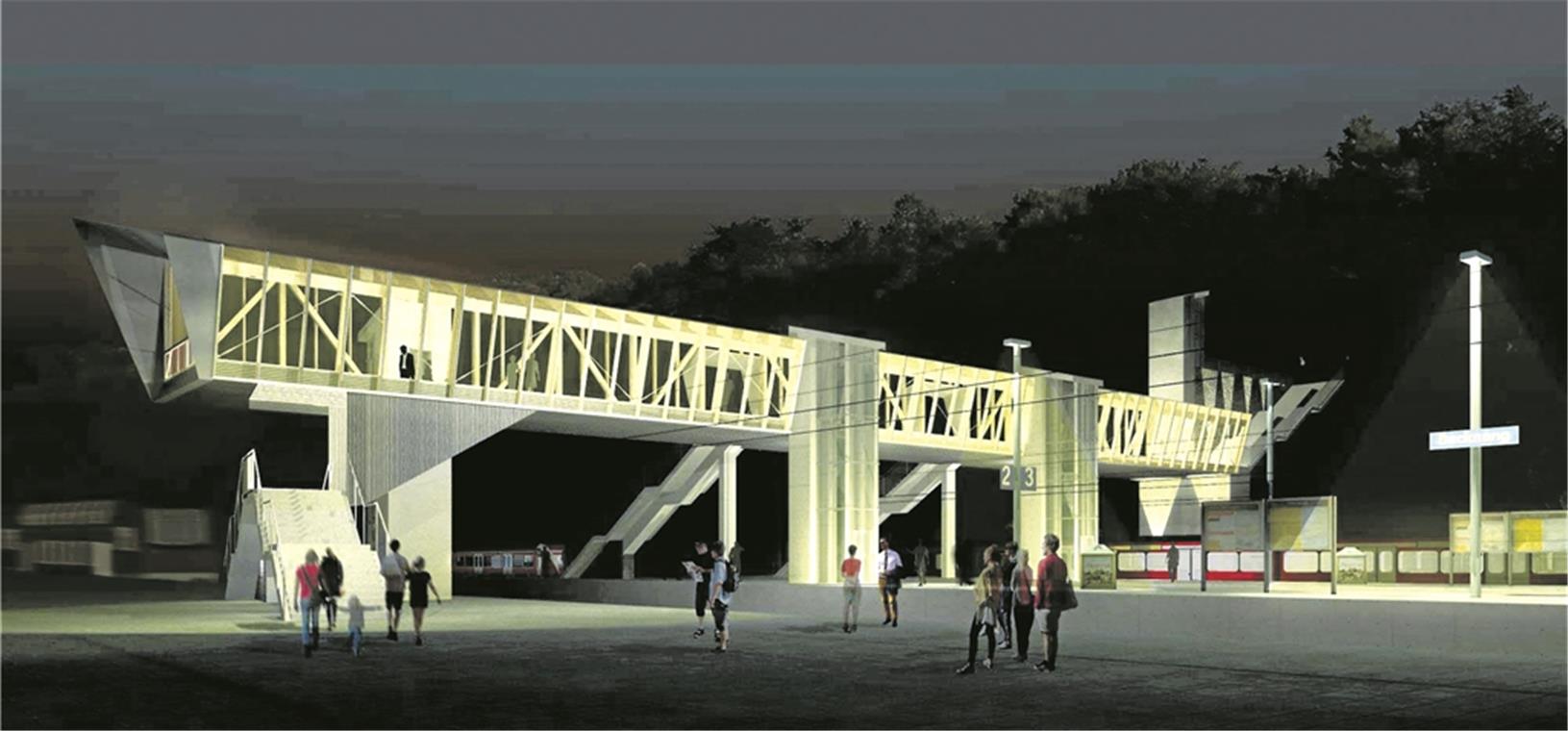 So soll die neue Stadtbrücke aussehen: Aufzüge ermöglichen einen barrierefreien Zugang zu allen Bahnsteigen. Visualisierung: Büro Stadt Land Bahn