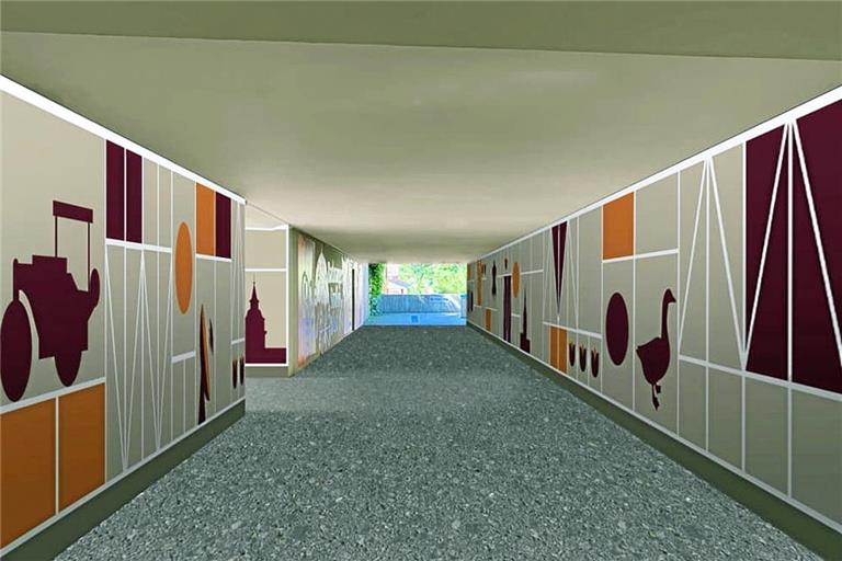 So soll die Unterführung am Bahnhof ab 2027 aussehen. Die Wandbemalung kombiniert Fachwerkoptik mit Backnanger Symbolen. Visualisierung: DB Infrago