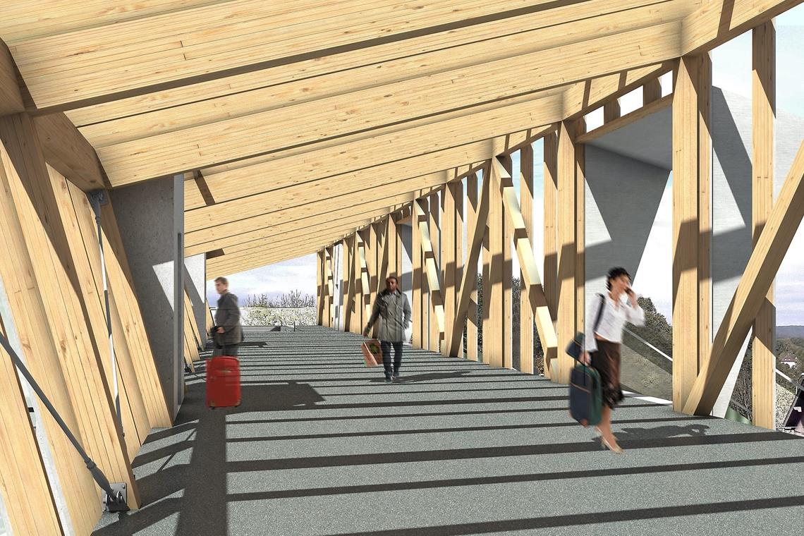 So sollte die verglaste Holzkonstruktion am Backnanger Bahnhof aussehen, stattdessen wird nun wohl eine einfache Stahlbrücke ohne Dach gebaut. Visualisierung: Büro Stadt Land Bahn