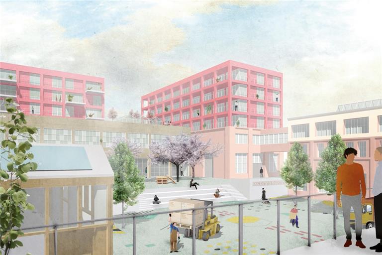 So stellen sich die Planer vom Büro Teleinternetcafe aus Berlin den neuen „City Campus“ auf dem Kaelble-Areal vor. Die alten Industriehallen sollen weitgehend erhalten und durch neue Wohngebäude ergänzt werden. Visualisierung: Teleinternetcafe/Treibhaus