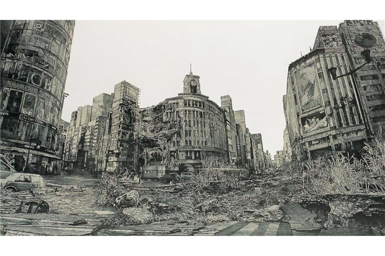 So stellt sich der japanische Zeichner Hisaharu Motoda ein postapokalyptisches Tokio vor.